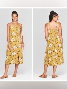 Xhilaration Mustard Floral Midi Dress with Square Neck